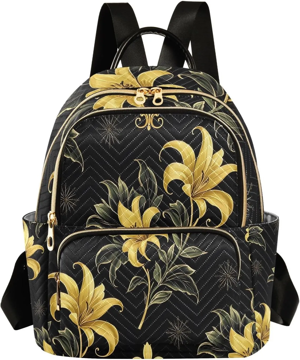 Mini Backpack for Women Yellow Flower Black Pattern Small Purse Daypacks Stylish Bags Lightweight Travel Backpacks for College Shopping Work Dating