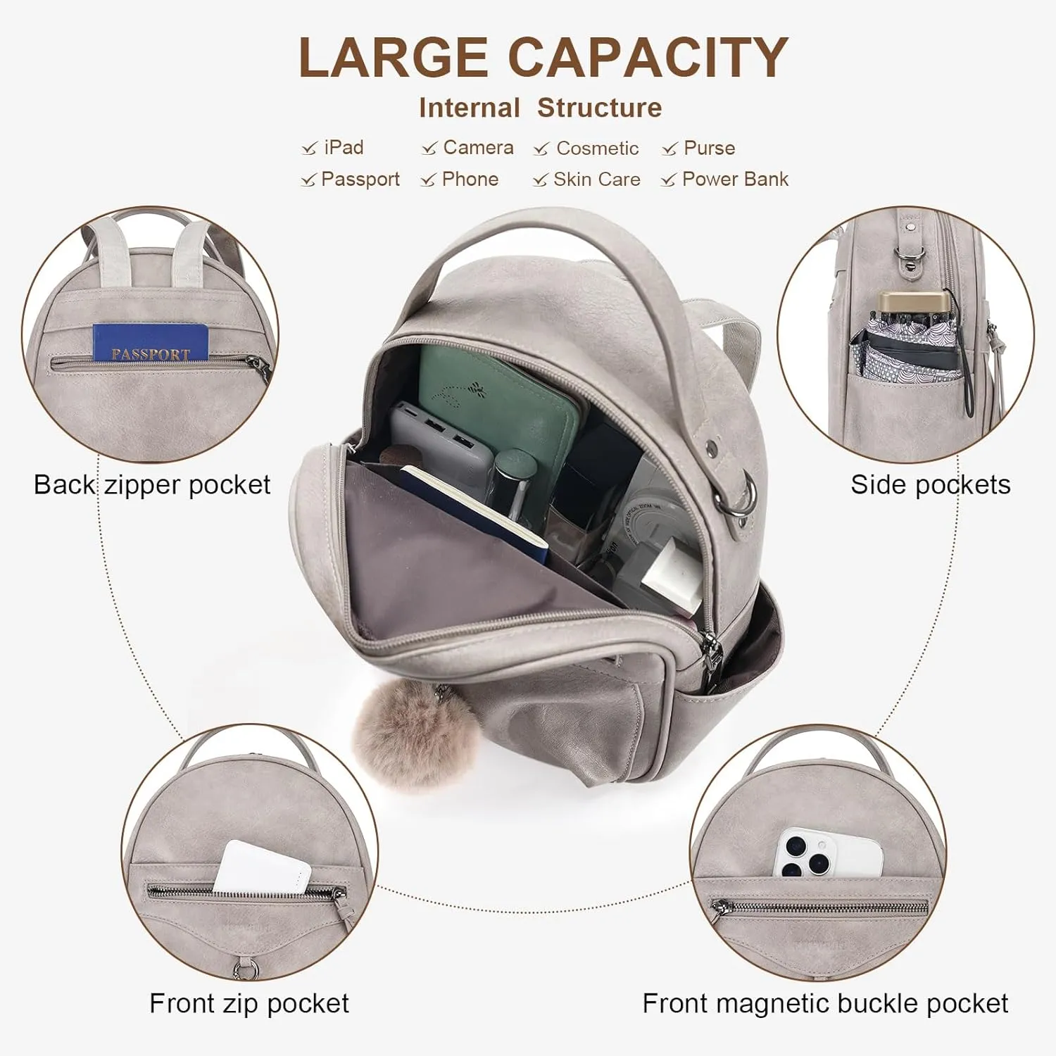 Mini Backpack Purse for Women Fashion Cute Small Travel Backpacks Pompom Daypacks Shoulder Handbag