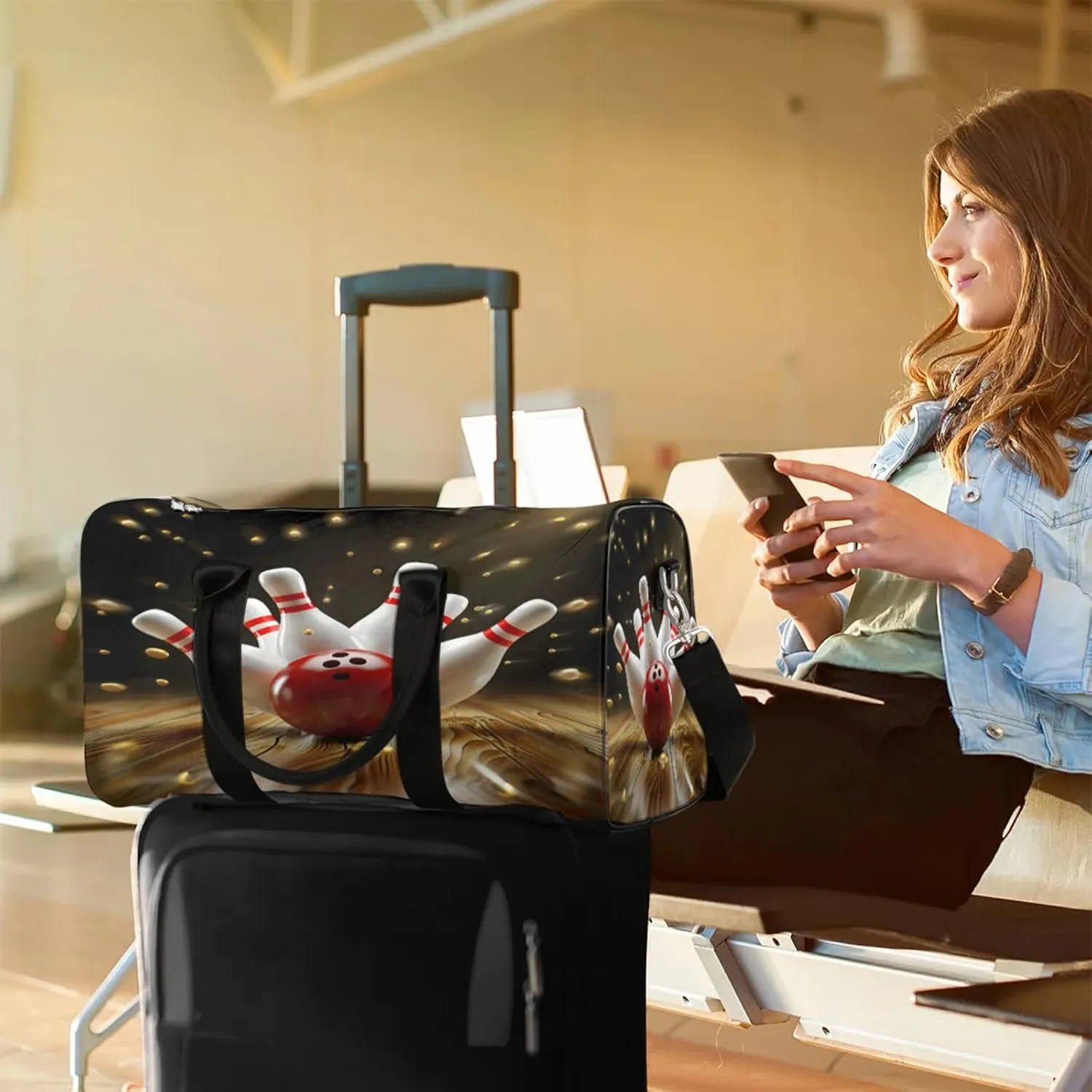 Modern Bowling Ball Travel Duffle Bag, Sports Gym Bags for Women Men, Carry On Weekender Overnight Workout Airplane Trips Bag