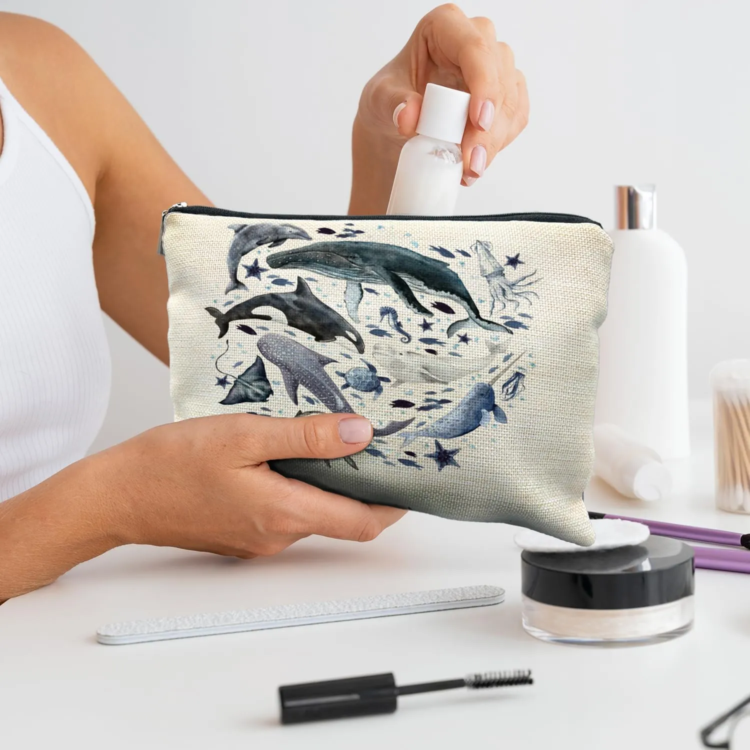 Ocean Animals Shark whale Makeup Bag, Marine Life Animals Cosmetic Bags for Women,Shark Gifts for Women