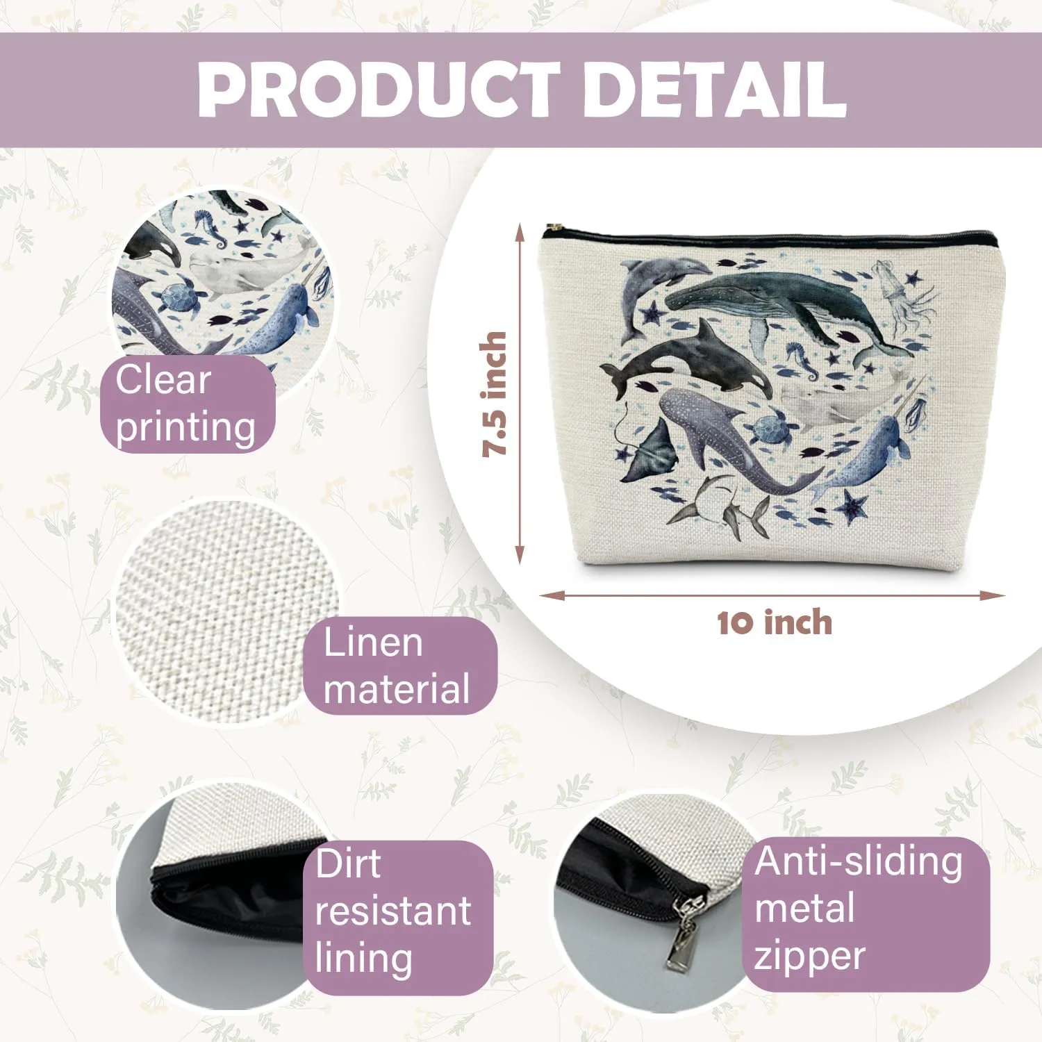 Ocean Animals Shark whale Makeup Bag, Marine Life Animals Cosmetic Bags for Women,Shark Gifts for Women