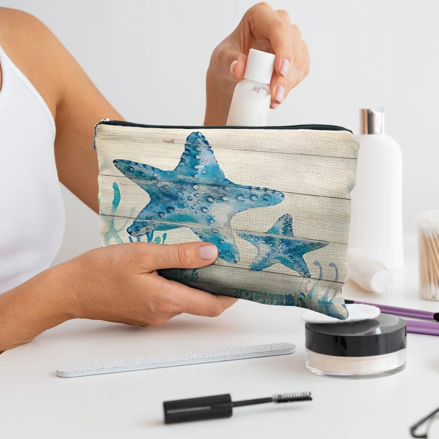 Ocean Starfish Beach Makeup Bag, Marine Life Beach Sea Animals Cosmetic Bags for Women, Beach Gifts for Women, Beach Vacation Gifts, Beach Lover Gifts, Ocean Themed Gifts