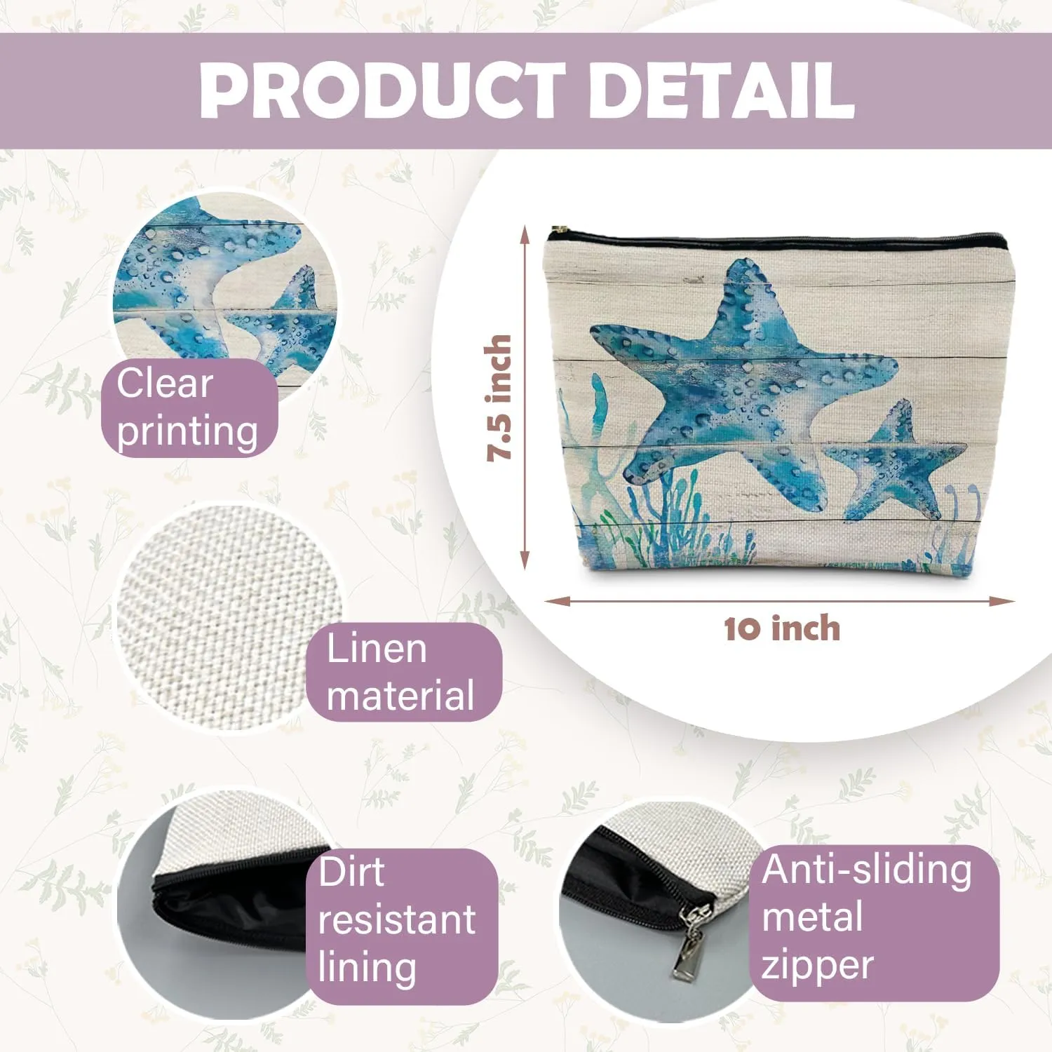 Ocean Starfish Beach Makeup Bag, Marine Life Beach Sea Animals Cosmetic Bags for Women, Beach Gifts for Women, Beach Vacation Gifts, Beach Lover Gifts, Ocean Themed Gifts