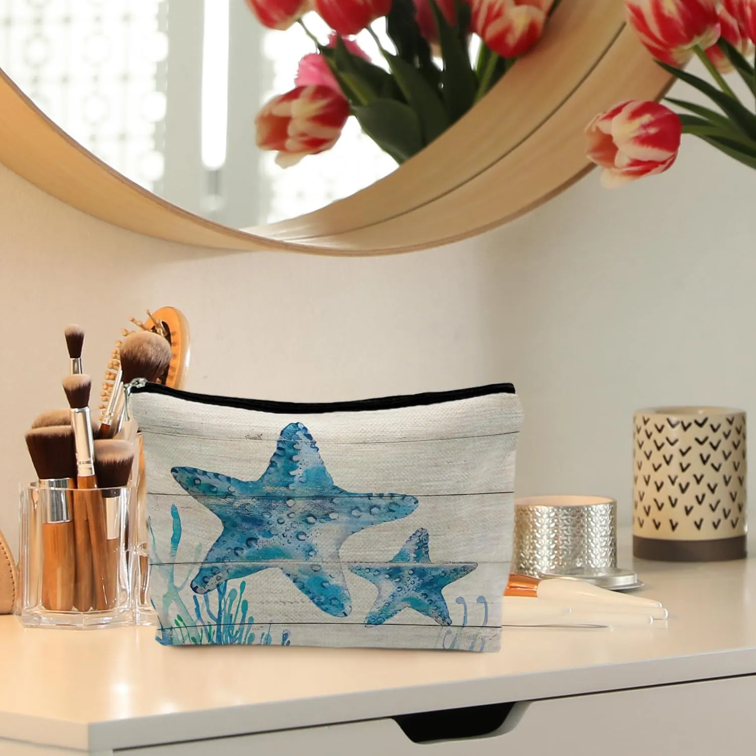 Ocean Starfish Beach Makeup Bag, Marine Life Beach Sea Animals Cosmetic Bags for Women, Beach Gifts for Women, Beach Vacation Gifts, Beach Lover Gifts, Ocean Themed Gifts