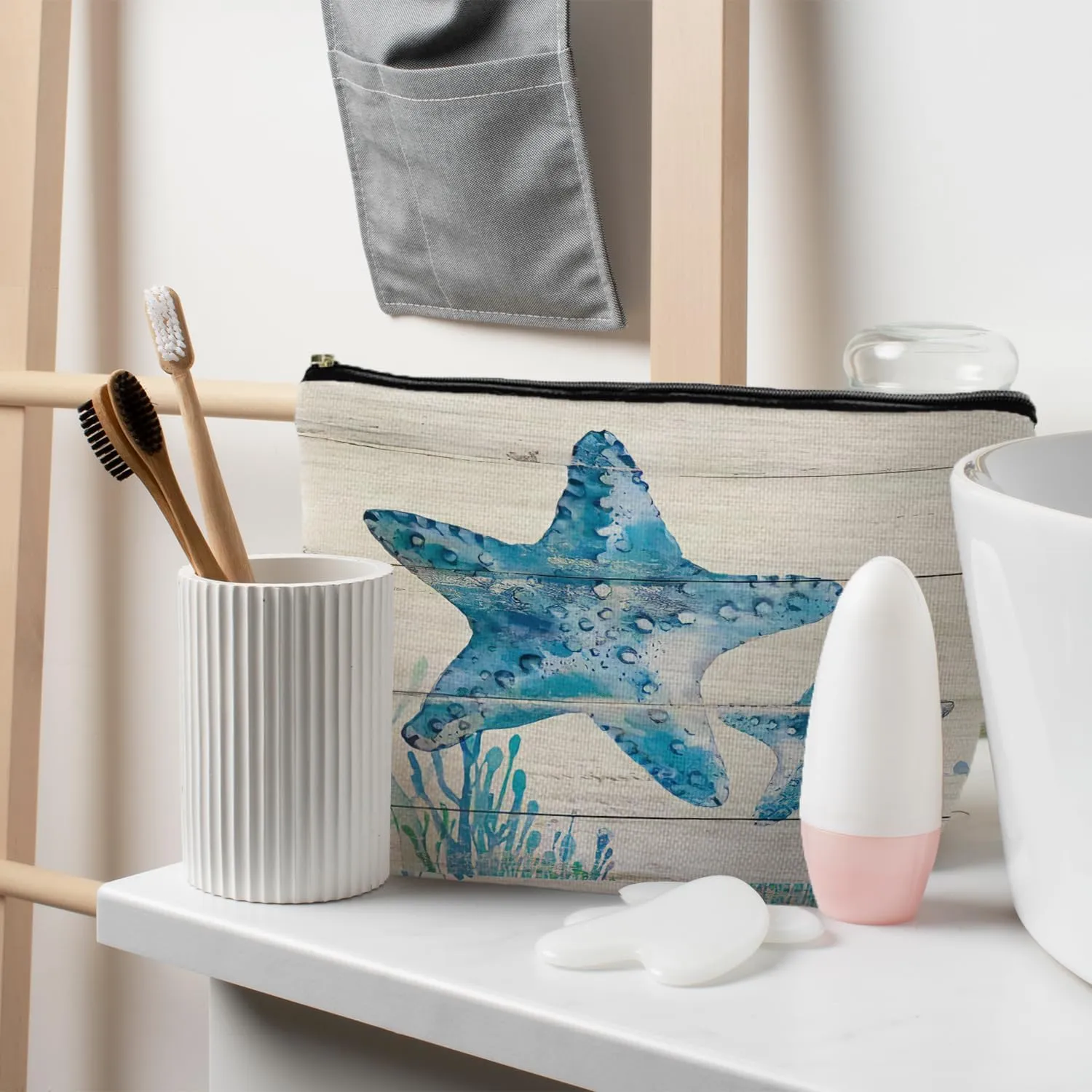 Ocean Starfish Beach Makeup Bag, Marine Life Beach Sea Animals Cosmetic Bags for Women, Beach Gifts for Women, Beach Vacation Gifts, Beach Lover Gifts, Ocean Themed Gifts
