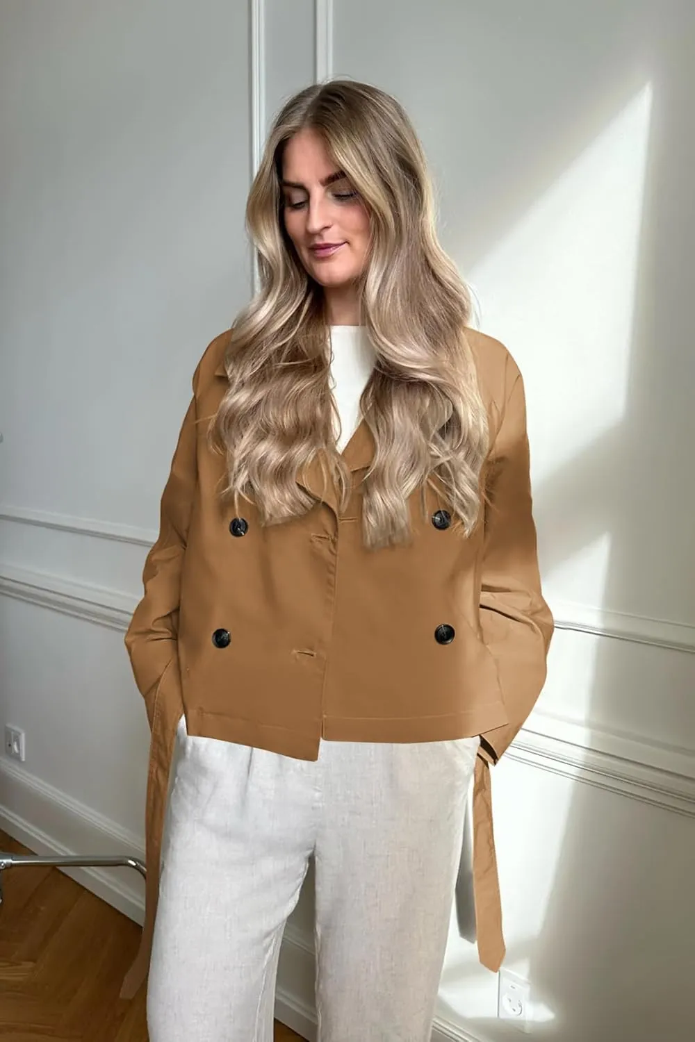 Onedreamer Women's Double Breasted Trench Coat Classic Lapel Long Sleeve Blazer Jackets Casual Outerwear With Belt
