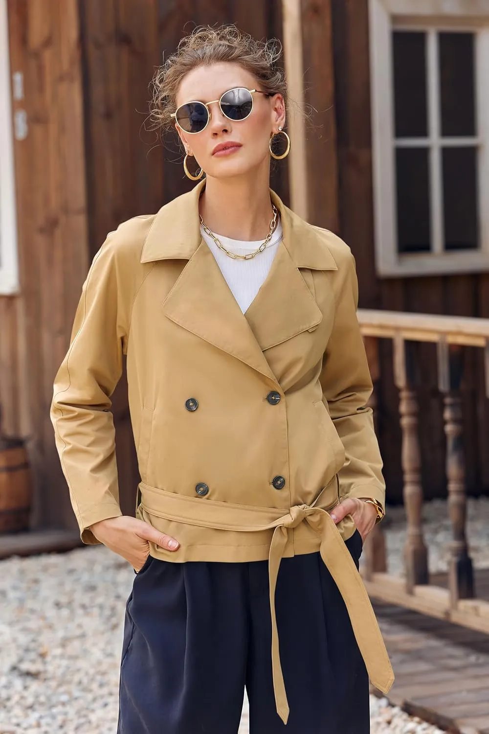 Onedreamer Women's Double Breasted Trench Coat Classic Lapel Long Sleeve Blazer Jackets Casual Outerwear With Belt