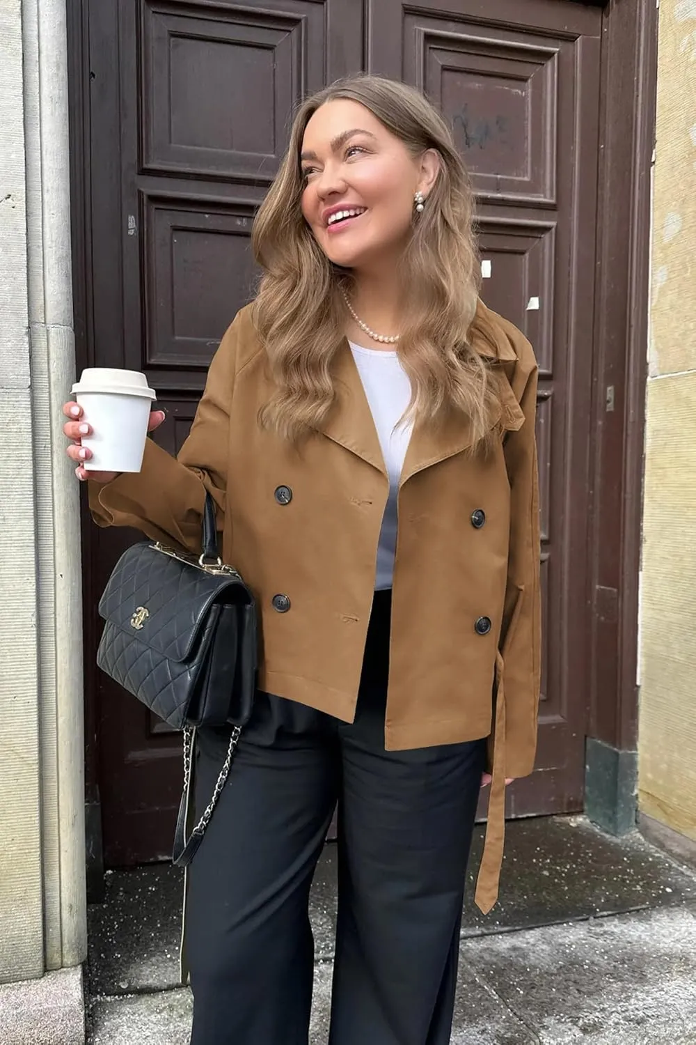 Onedreamer Women's Double Breasted Trench Coat Classic Lapel Long Sleeve Blazer Jackets Casual Outerwear With Belt