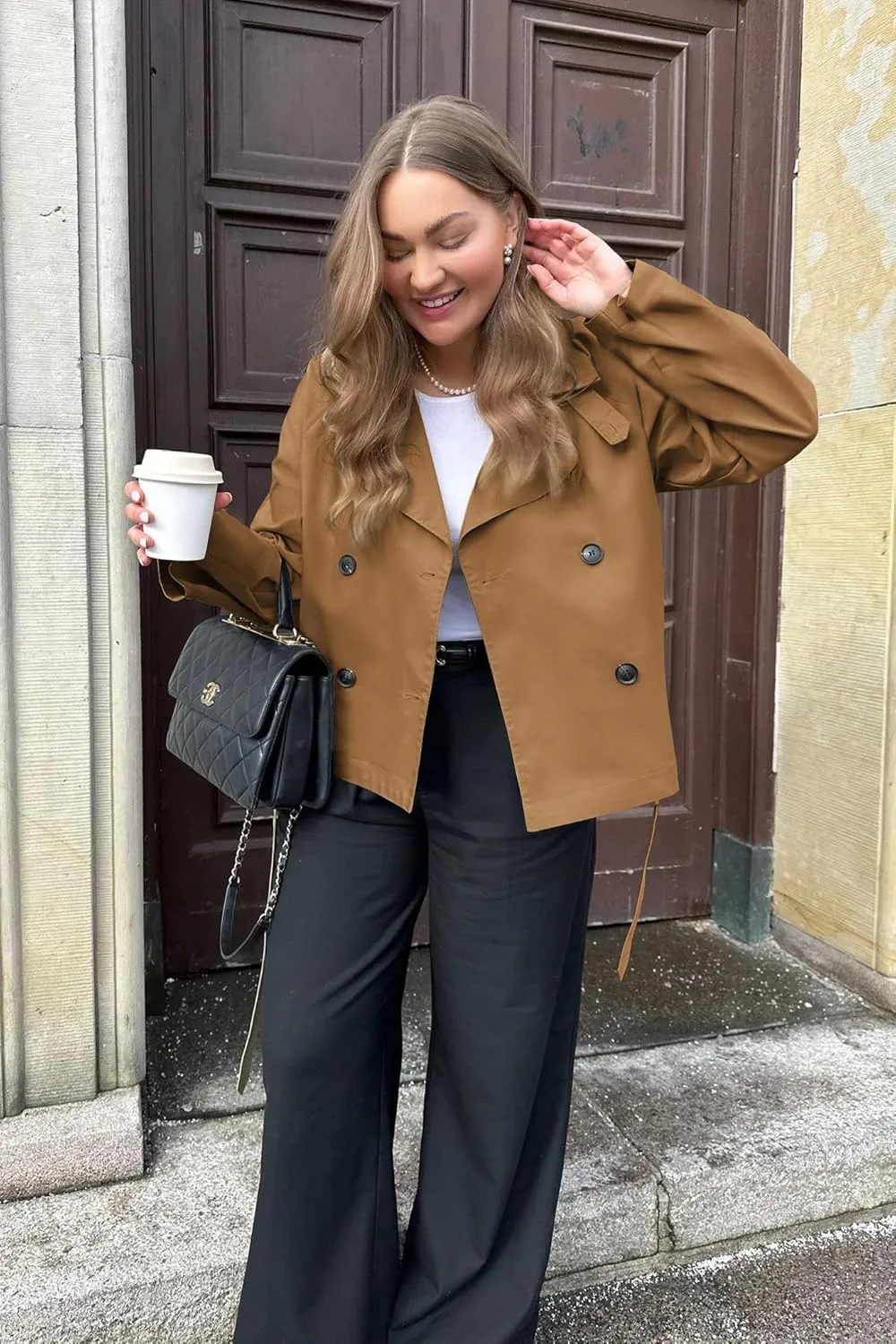 Onedreamer Women's Double Breasted Trench Coat Classic Lapel Long Sleeve Blazer Jackets Casual Outerwear With Belt