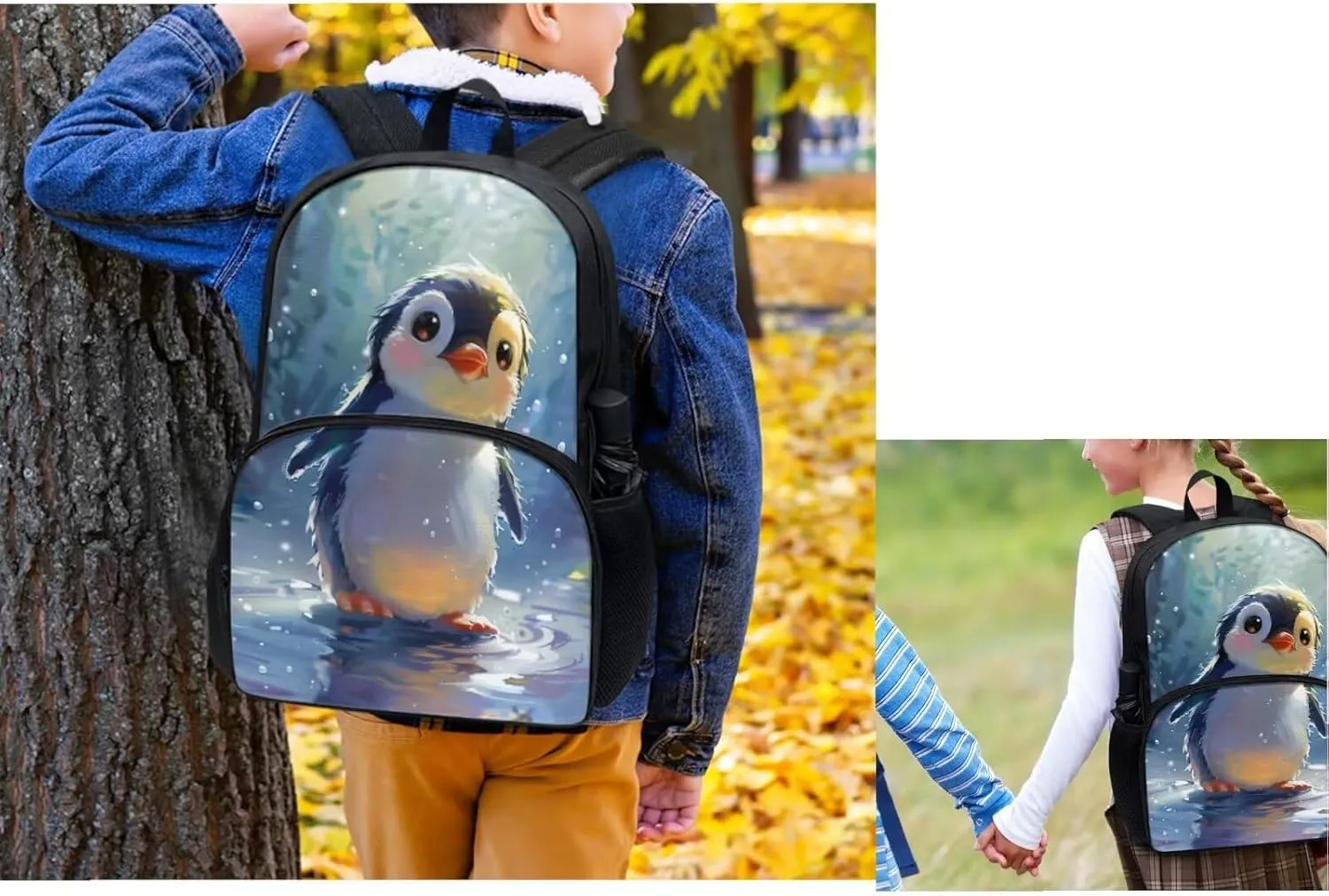 Penguin Backpack with Lunch Box for Girls Elementary School Multi-Functional Bookbag Cool School Bags with Pencil Case and Bottle Holder for Kindergarten Primary for Students