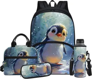Penguin Backpack with Lunch Box for Girls Elementary School Multi-Functional Bookbag Cool School Bags with Pencil Case and Bottle Holder for Kindergarten Primary for Students