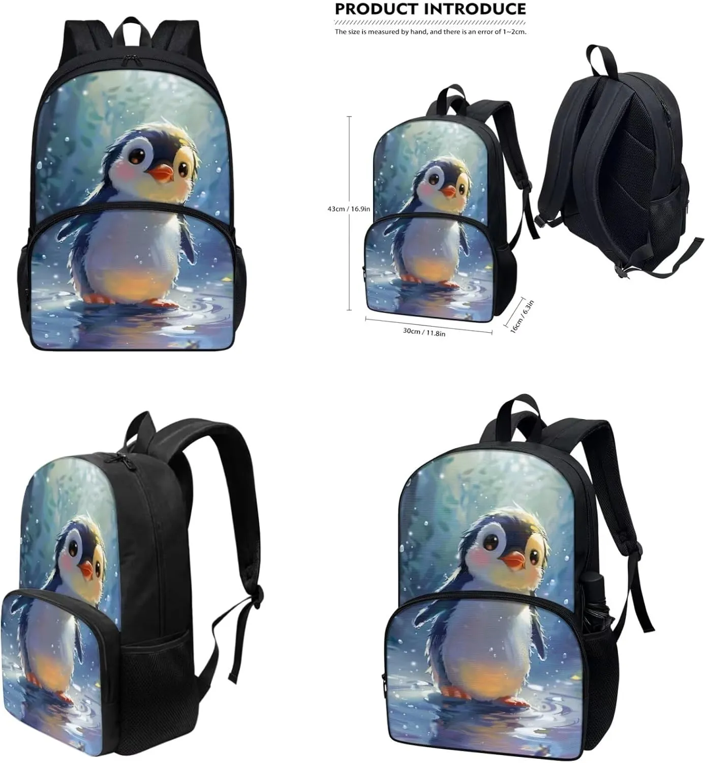 Penguin Backpack with Lunch Box for Girls Elementary School Multi-Functional Bookbag Cool School Bags with Pencil Case and Bottle Holder for Kindergarten Primary for Students