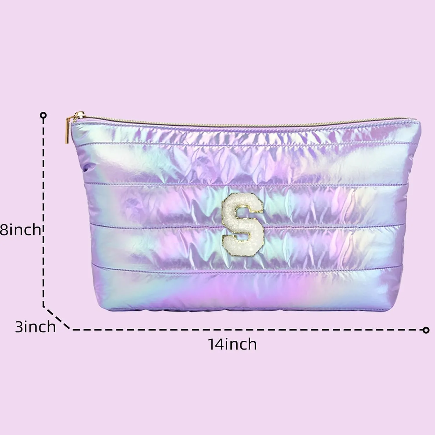 Personalized Initial Quilted Makeup Bag, Large Cute Cosmetic Bag, Cotton Iridescent Travel Toiletry Organizer Bags, Gifts for Girl Girlfriend Teen Girls Gift Trendy Stuff (A, purple)