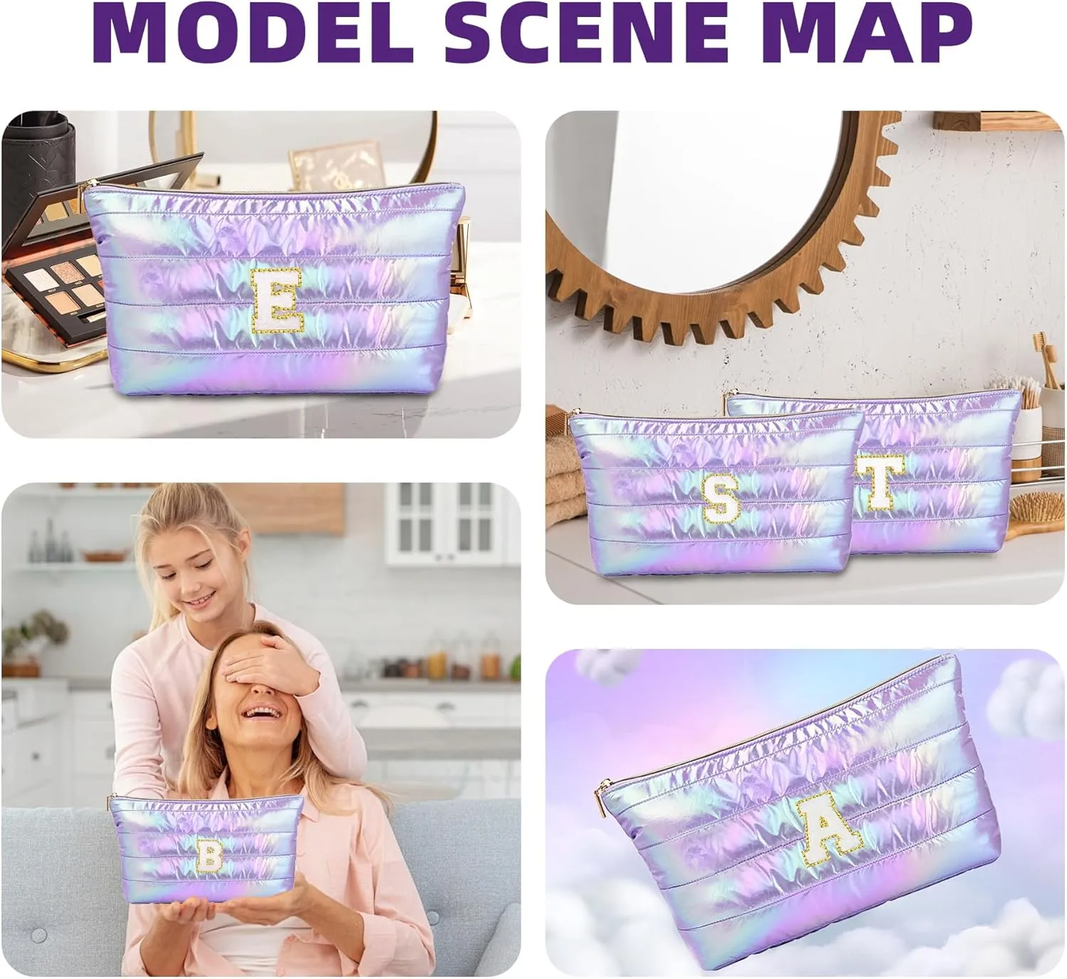 Personalized Initial Quilted Makeup Bag, Large Cute Cosmetic Bag, Cotton Iridescent Travel Toiletry Organizer Bags, Gifts for Girl Girlfriend Teen Girls Gift Trendy Stuff (A, purple)