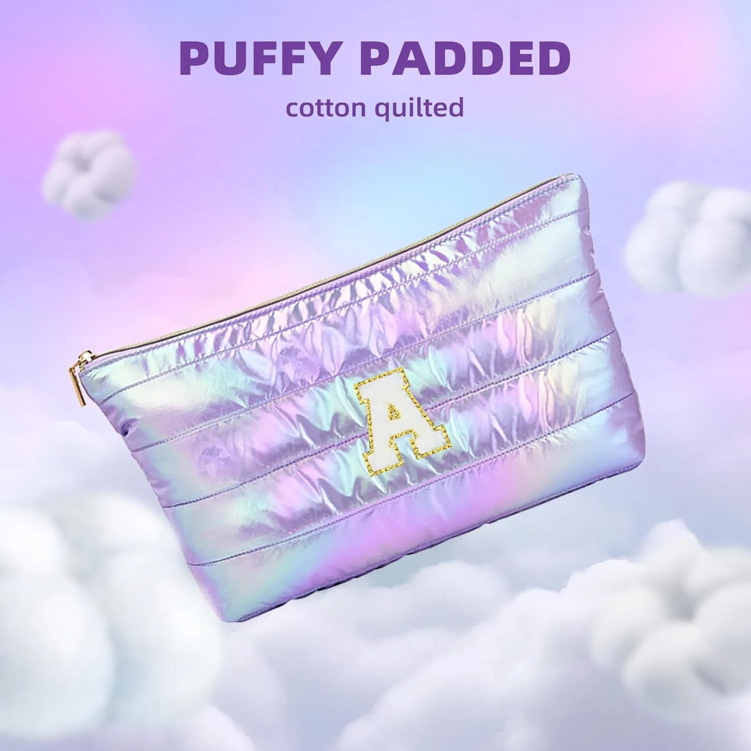 Personalized Initial Quilted Makeup Bag, Large Cute Cosmetic Bag, Cotton Iridescent Travel Toiletry Organizer Bags, Gifts for Girl Girlfriend Teen Girls Gift Trendy Stuff (A, purple)