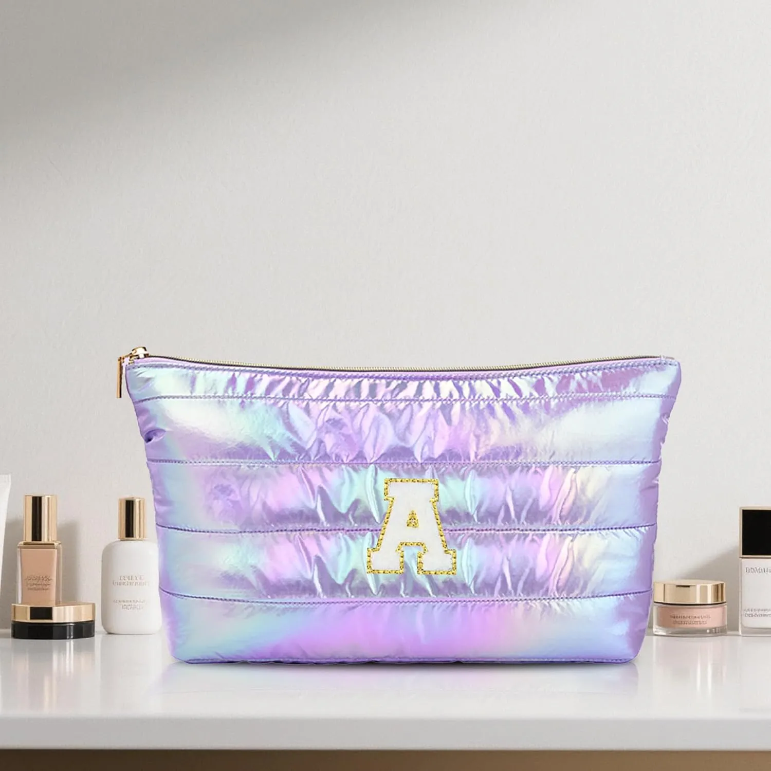 Personalized Initial Quilted Makeup Bag, Large Cute Cosmetic Bag, Cotton Iridescent Travel Toiletry Organizer Bags, Gifts for Girl Girlfriend Teen Girls Gift Trendy Stuff (A, purple)