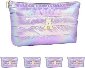 Personalized Initial Quilted Makeup Bag, Large Cute Cosmetic Bag, Cotton Iridescent Travel Toiletry Organizer Bags, Gifts for Girl Girlfriend Teen Girls Gift Trendy Stuff (A, purple)