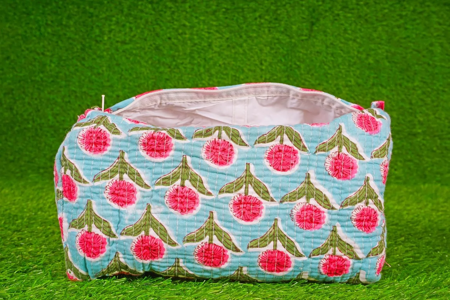 Pieces Indian Handmade Cotton Quilted Handmade Floral Hand Block Print Toiletry Bag,Cosmetic Pouch Bag Makeup Bag For Women (1, Sky Blue), 85485