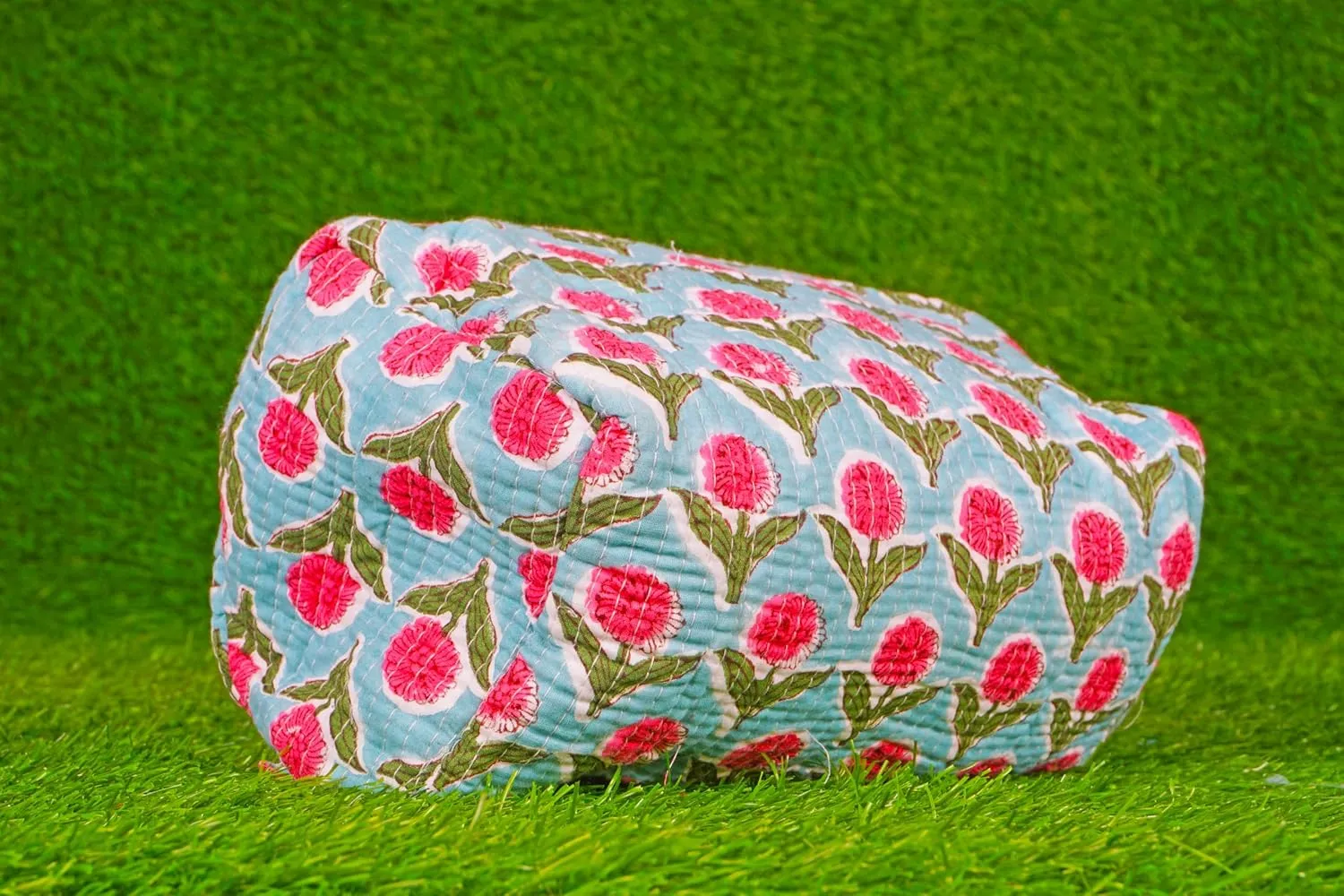 Pieces Indian Handmade Cotton Quilted Handmade Floral Hand Block Print Toiletry Bag,Cosmetic Pouch Bag Makeup Bag For Women (1, Sky Blue), 85485