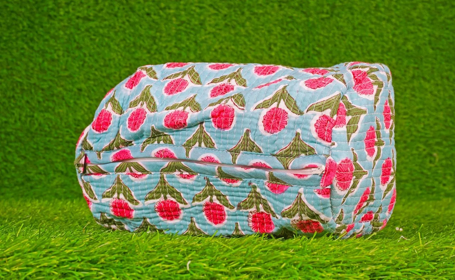 Pieces Indian Handmade Cotton Quilted Handmade Floral Hand Block Print Toiletry Bag,Cosmetic Pouch Bag Makeup Bag For Women (1, Sky Blue), 85485