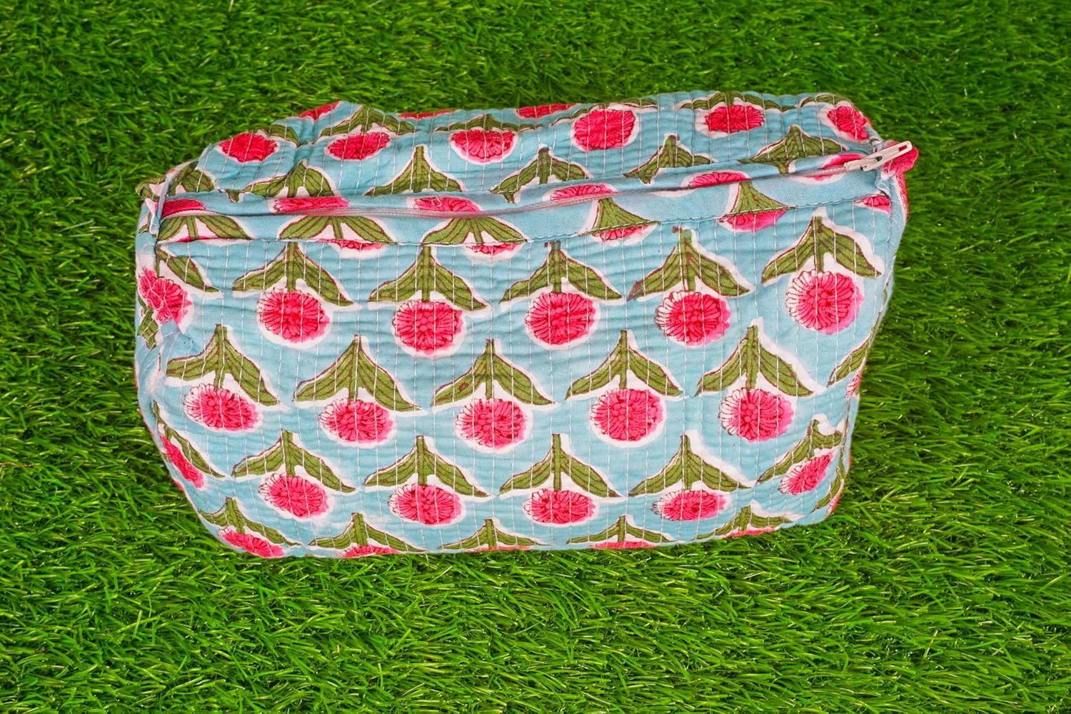 Pieces Indian Handmade Cotton Quilted Handmade Floral Hand Block Print Toiletry Bag,Cosmetic Pouch Bag Makeup Bag For Women (1, Sky Blue), 85485