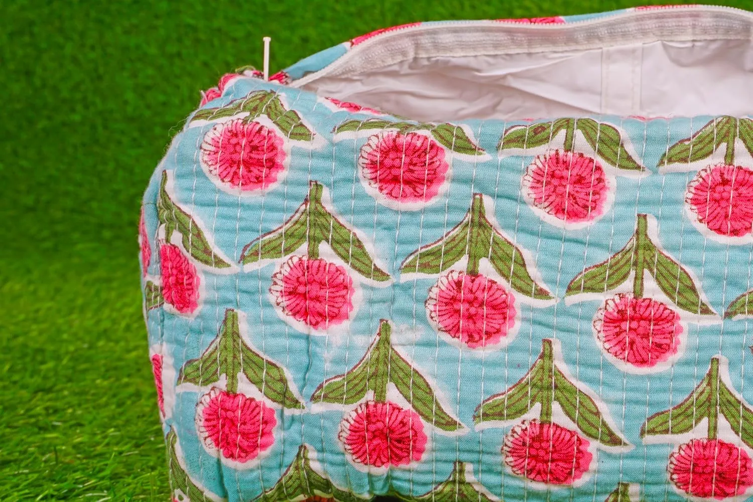 Pieces Indian Handmade Cotton Quilted Handmade Floral Hand Block Print Toiletry Bag,Cosmetic Pouch Bag Makeup Bag For Women (1, Sky Blue), 85485