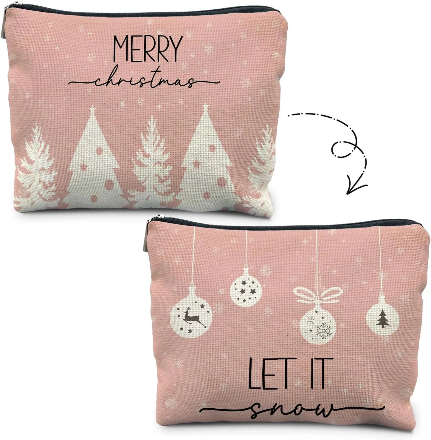 Pink Christmas Makeup Bag, Merry Christmas Let it Snow Cosmetic Bags for Women, Pink Christmas Gifts for Women Girls, Christmas Tree Zipper Pouch Makeup Pouch