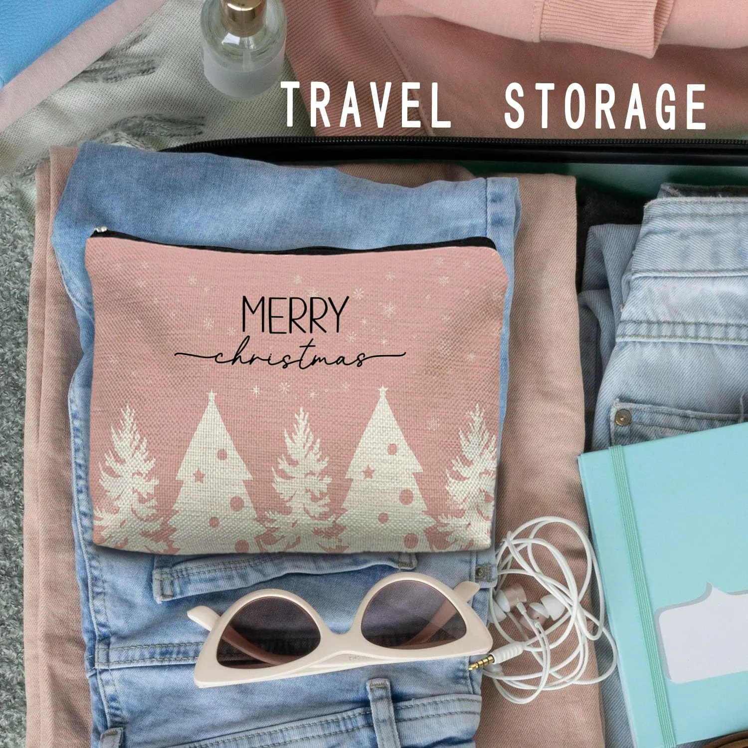 Pink Christmas Makeup Bag, Merry Christmas Let it Snow Cosmetic Bags for Women, Pink Christmas Gifts for Women Girls, Christmas Tree Zipper Pouch Makeup Pouch