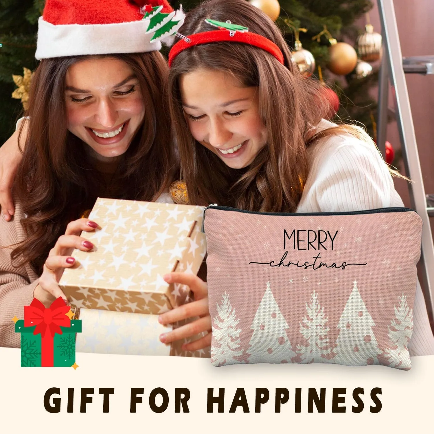 Pink Christmas Makeup Bag, Merry Christmas Let it Snow Cosmetic Bags for Women, Pink Christmas Gifts for Women Girls, Christmas Tree Zipper Pouch Makeup Pouch