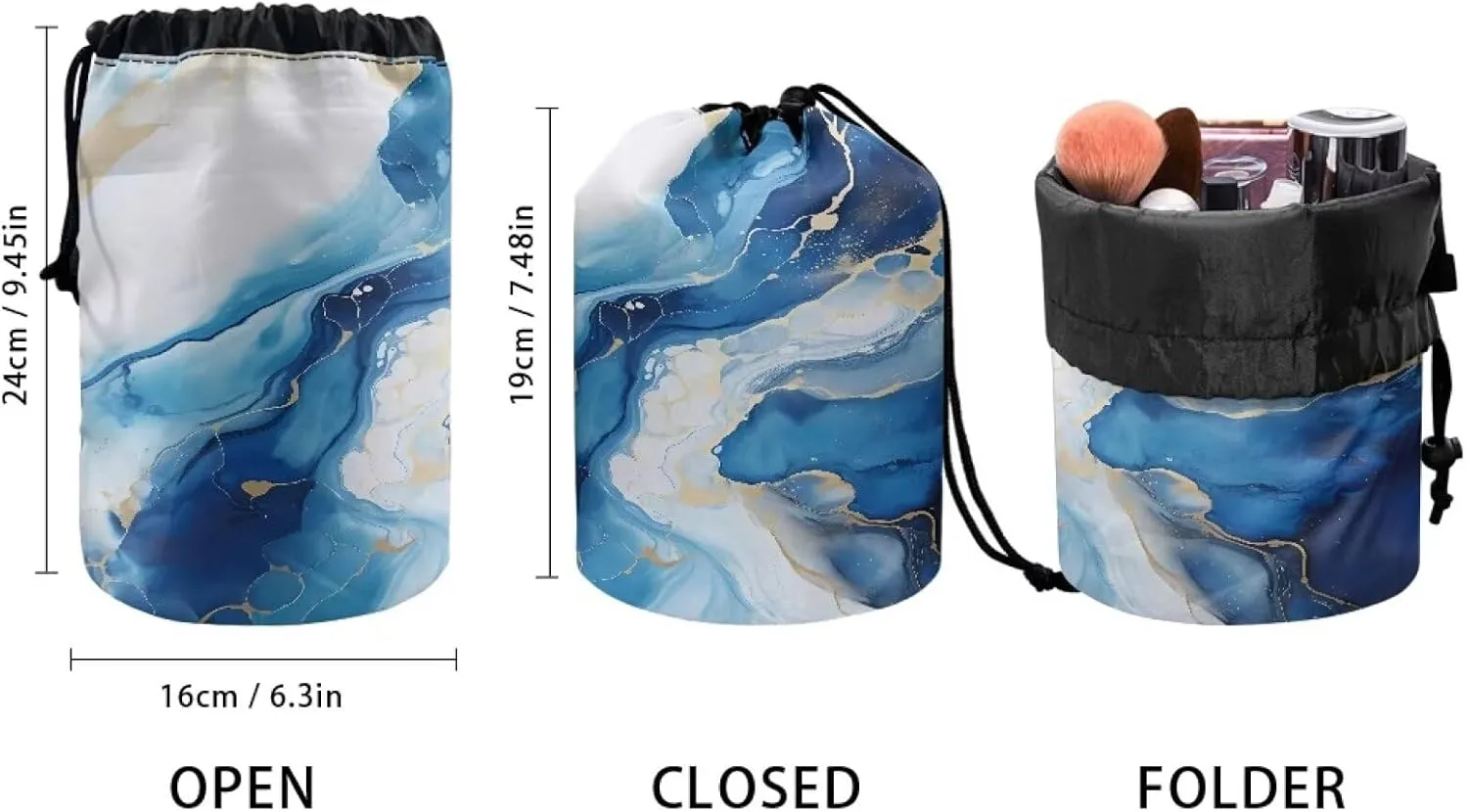 Poceacles Blue White Marble Drawstring Makeup Bag, Large Capacity Travel Cosmetic Bag Pouch, Multi-functional Toiletry Bucket Bags Organizer Storage Pocket for Women