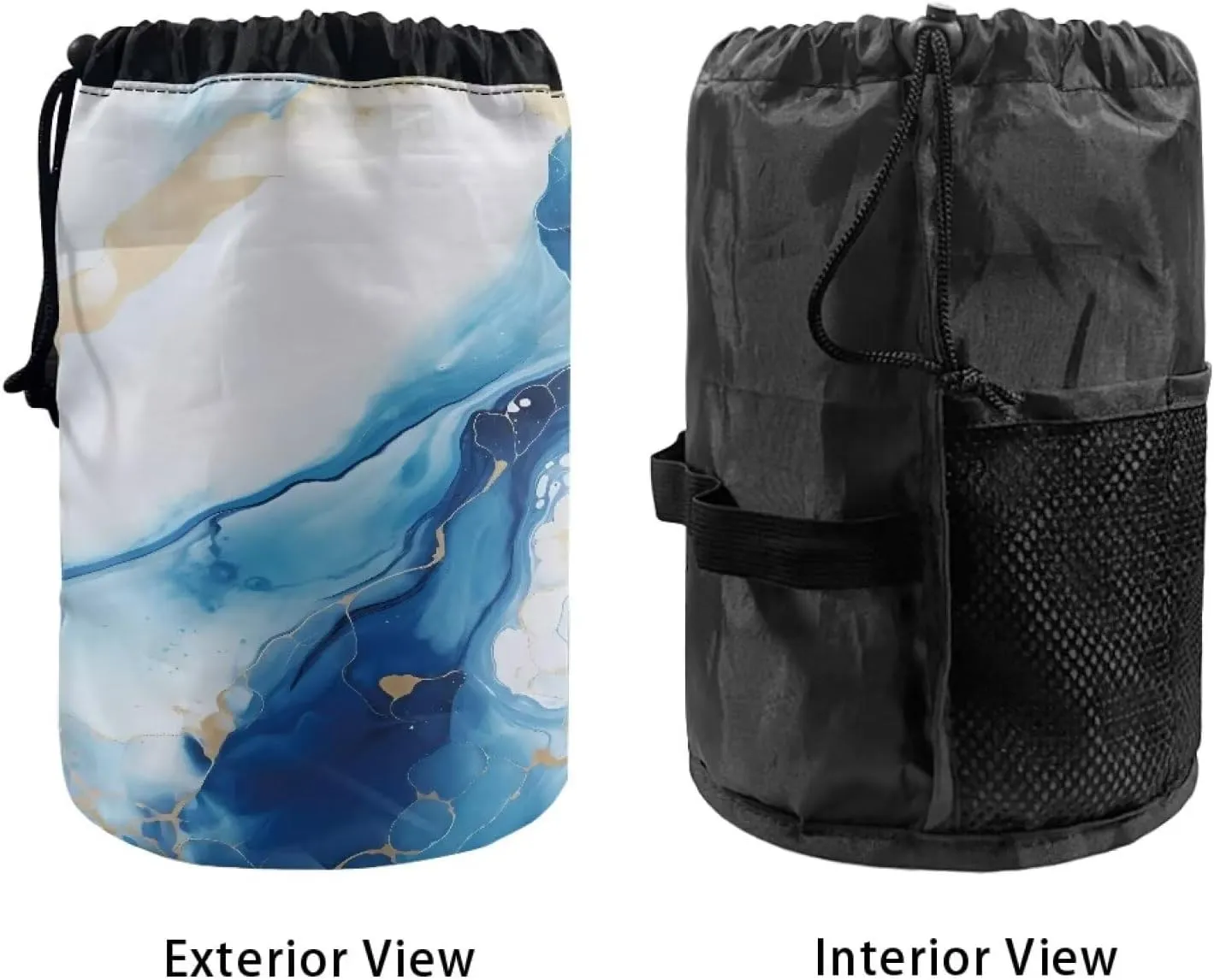 Poceacles Blue White Marble Drawstring Makeup Bag, Large Capacity Travel Cosmetic Bag Pouch, Multi-functional Toiletry Bucket Bags Organizer Storage Pocket for Women