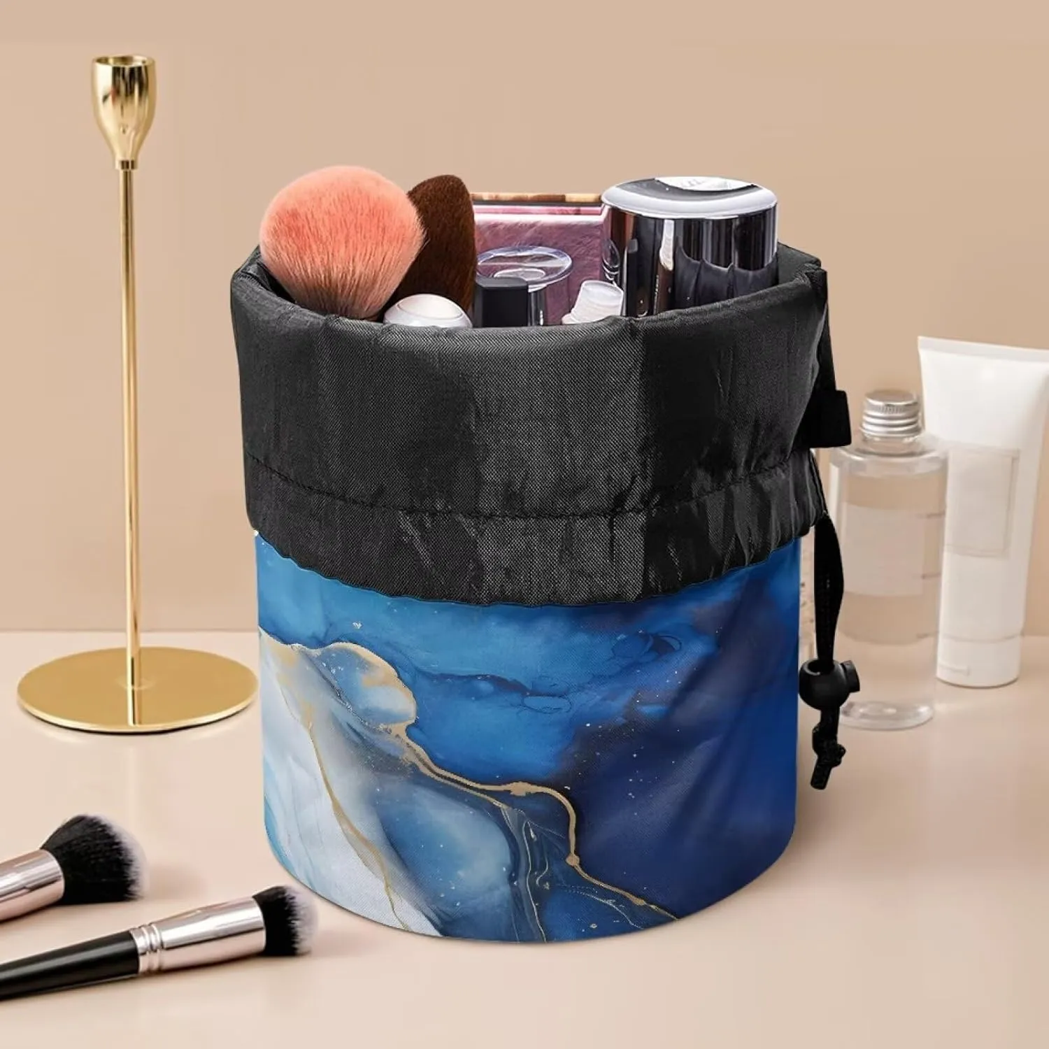 Poceacles Blue White Marble Drawstring Makeup Bag, Large Capacity Travel Cosmetic Bag Pouch, Multi-functional Toiletry Bucket Bags Organizer Storage Pocket for Women