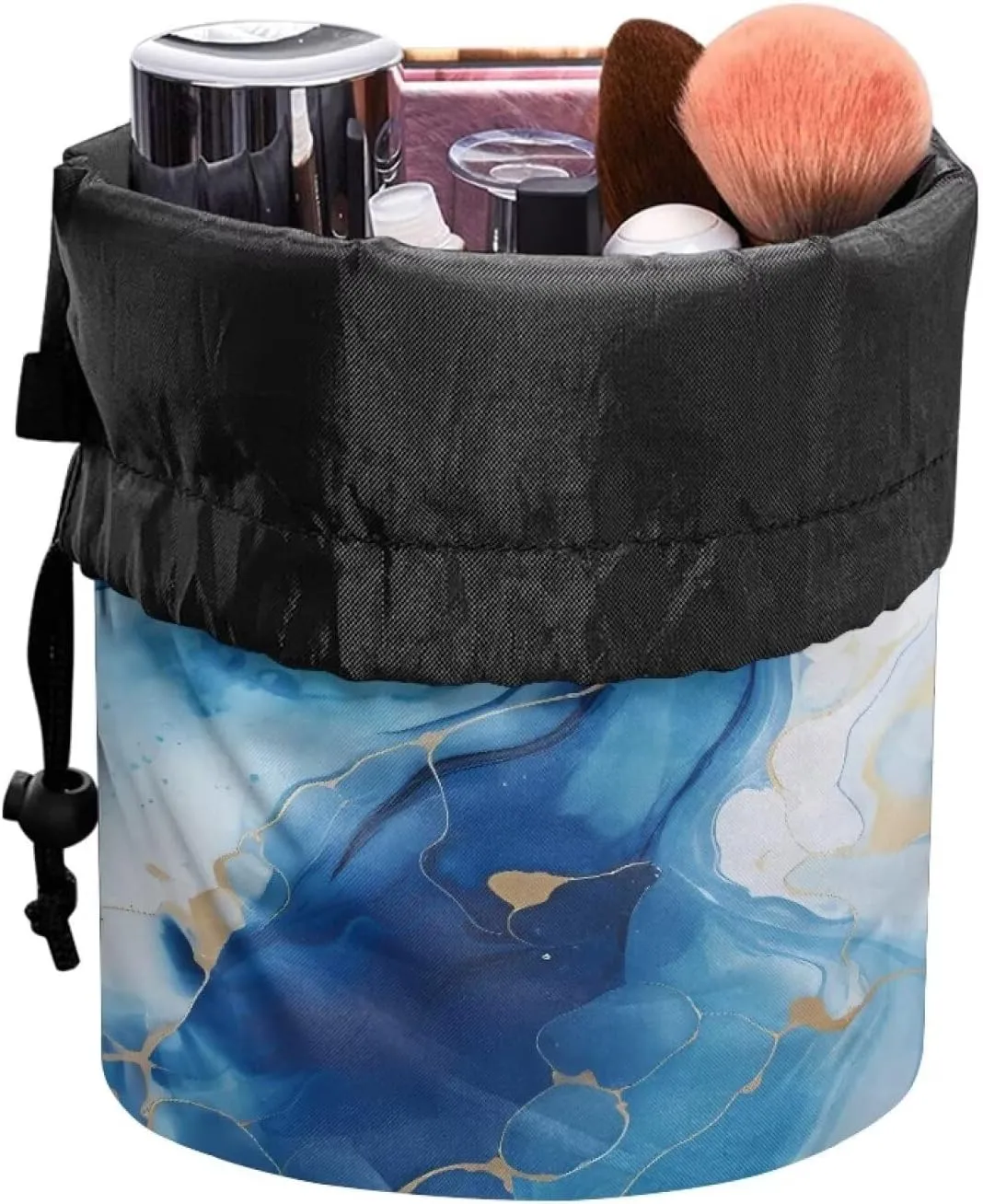 Poceacles Blue White Marble Drawstring Makeup Bag, Large Capacity Travel Cosmetic Bag Pouch, Multi-functional Toiletry Bucket Bags Organizer Storage Pocket for Women