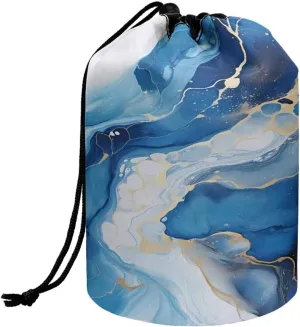 Poceacles Blue White Marble Drawstring Makeup Bag, Large Capacity Travel Cosmetic Bag Pouch, Multi-functional Toiletry Bucket Bags Organizer Storage Pocket for Women