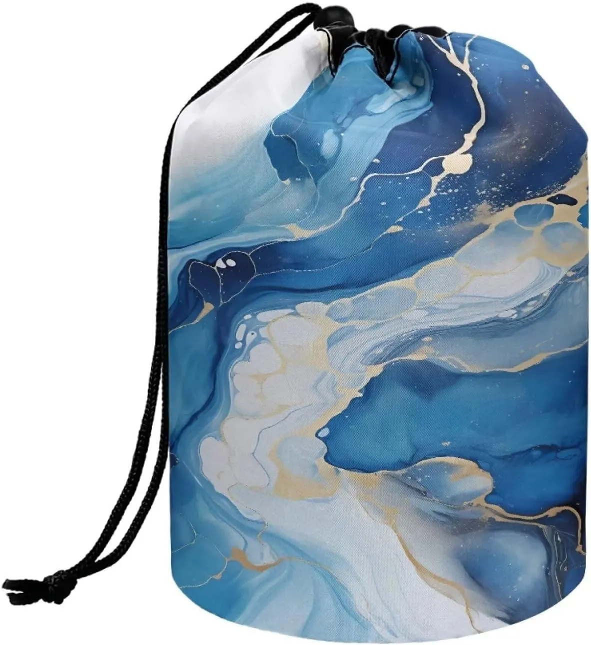 Poceacles Blue White Marble Drawstring Makeup Bag, Large Capacity Travel Cosmetic Bag Pouch, Multi-functional Toiletry Bucket Bags Organizer Storage Pocket for Women