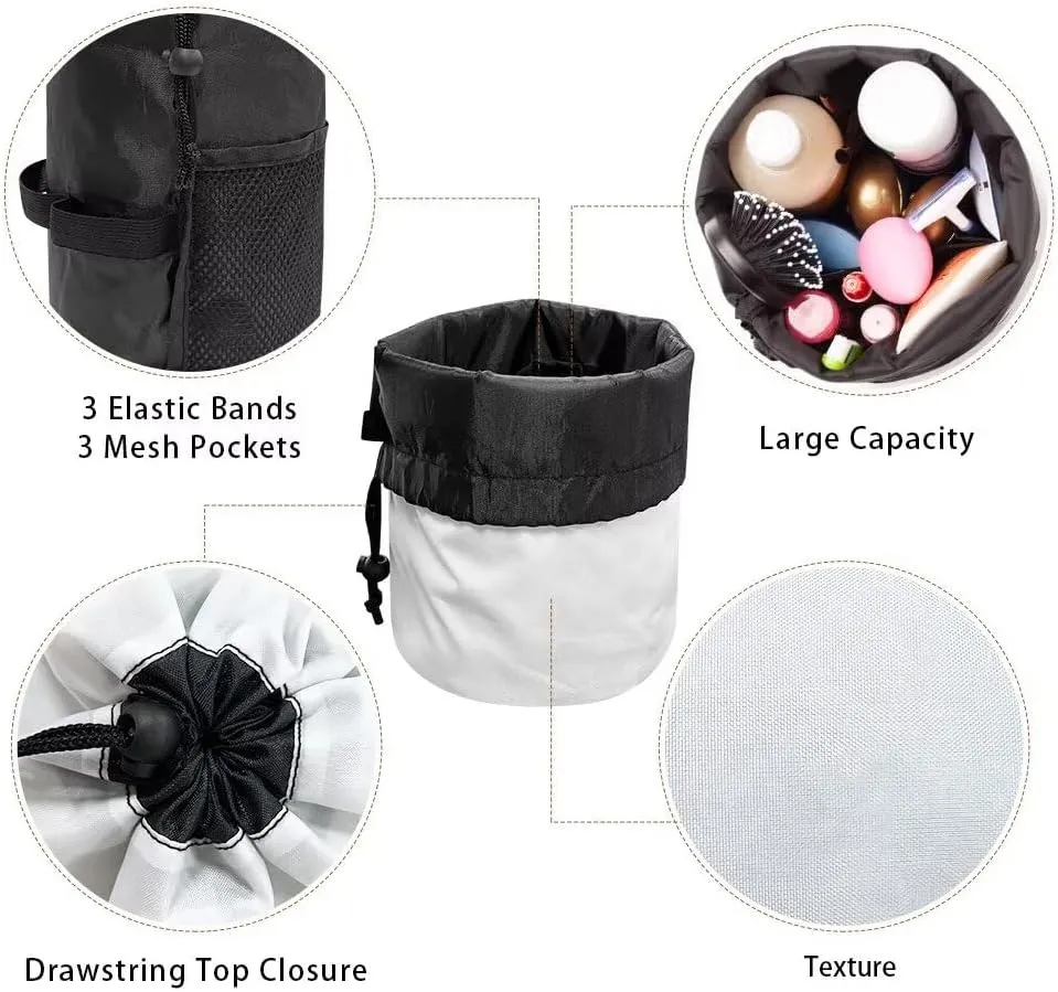 Poceacles Bohemian Flower Blue Black Drawstring Makeup Bags for Women, Large Capacity Travel Cosmetic Bag Multi-functional Bucket Toiletry Bag Organizer Storage Pocket