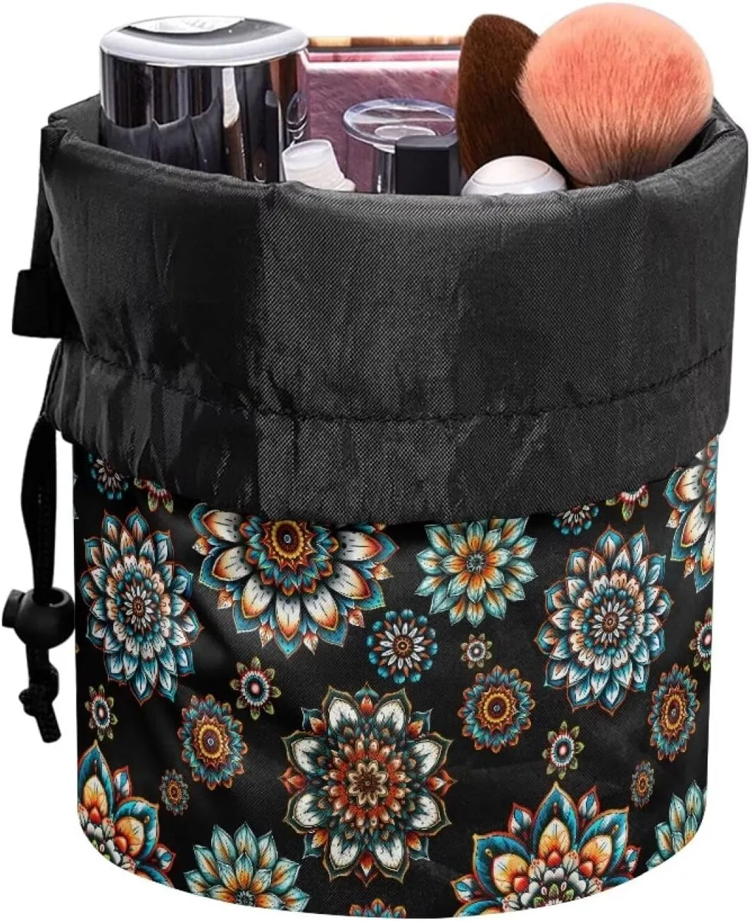 Poceacles Bohemian Flower Blue Black Drawstring Makeup Bags for Women, Large Capacity Travel Cosmetic Bag Multi-functional Bucket Toiletry Bag Organizer Storage Pocket