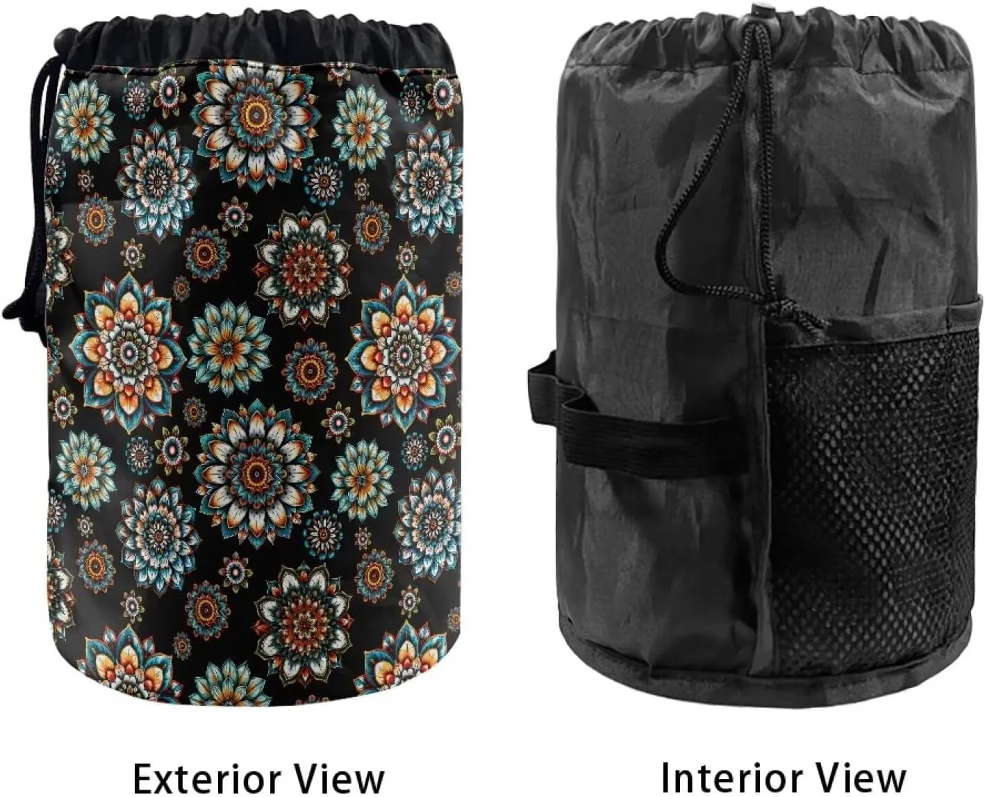 Poceacles Bohemian Flower Blue Black Drawstring Makeup Bags for Women, Large Capacity Travel Cosmetic Bag Multi-functional Bucket Toiletry Bag Organizer Storage Pocket