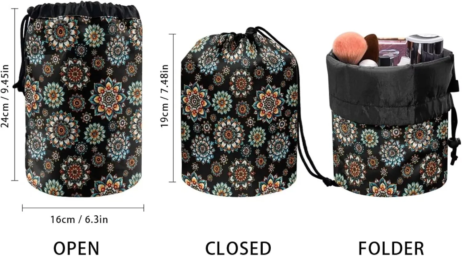 Poceacles Bohemian Flower Blue Black Drawstring Makeup Bags for Women, Large Capacity Travel Cosmetic Bag Multi-functional Bucket Toiletry Bag Organizer Storage Pocket