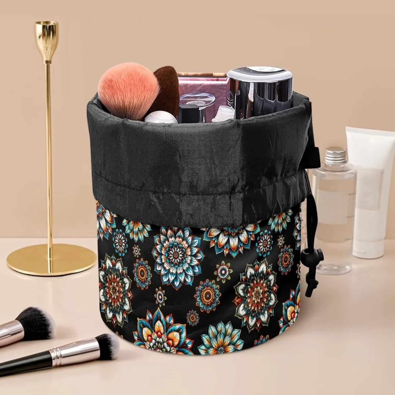 Poceacles Bohemian Flower Blue Black Drawstring Makeup Bags for Women, Large Capacity Travel Cosmetic Bag Multi-functional Bucket Toiletry Bag Organizer Storage Pocket