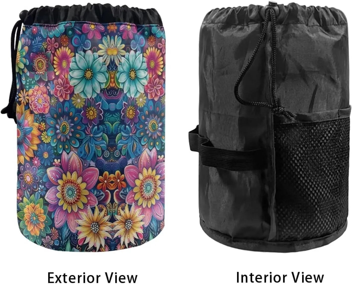 Poceacles Bohemian Flower Dark Blue Drawstring Makeup Bag, Large Capacity Travel Cosmetic Bag Pouch, Multi-functional Toiletry Bucket Bags Organizer Storage Pocket for Women