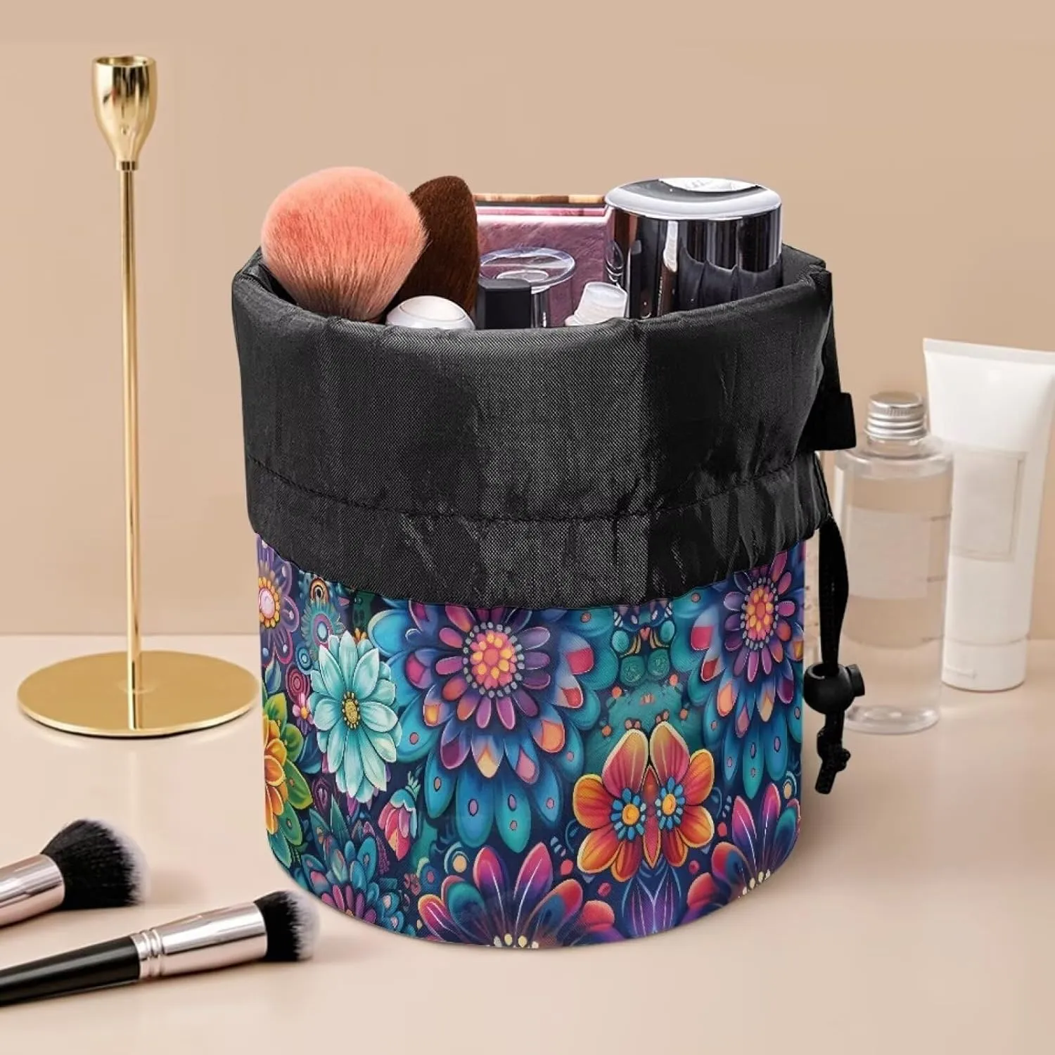 Poceacles Bohemian Flower Dark Blue Drawstring Makeup Bag, Large Capacity Travel Cosmetic Bag Pouch, Multi-functional Toiletry Bucket Bags Organizer Storage Pocket for Women