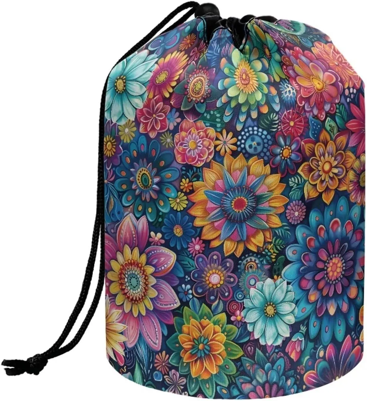 Poceacles Bohemian Flower Dark Blue Drawstring Makeup Bag, Large Capacity Travel Cosmetic Bag Pouch, Multi-functional Toiletry Bucket Bags Organizer Storage Pocket for Women