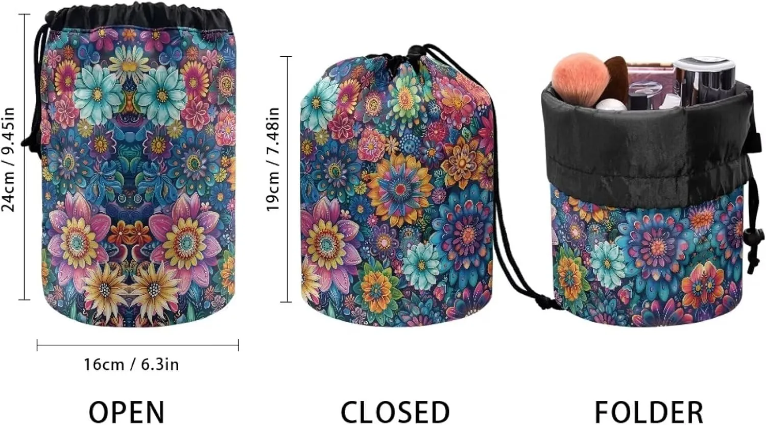 Poceacles Bohemian Flower Dark Blue Drawstring Makeup Bag, Large Capacity Travel Cosmetic Bag Pouch, Multi-functional Toiletry Bucket Bags Organizer Storage Pocket for Women