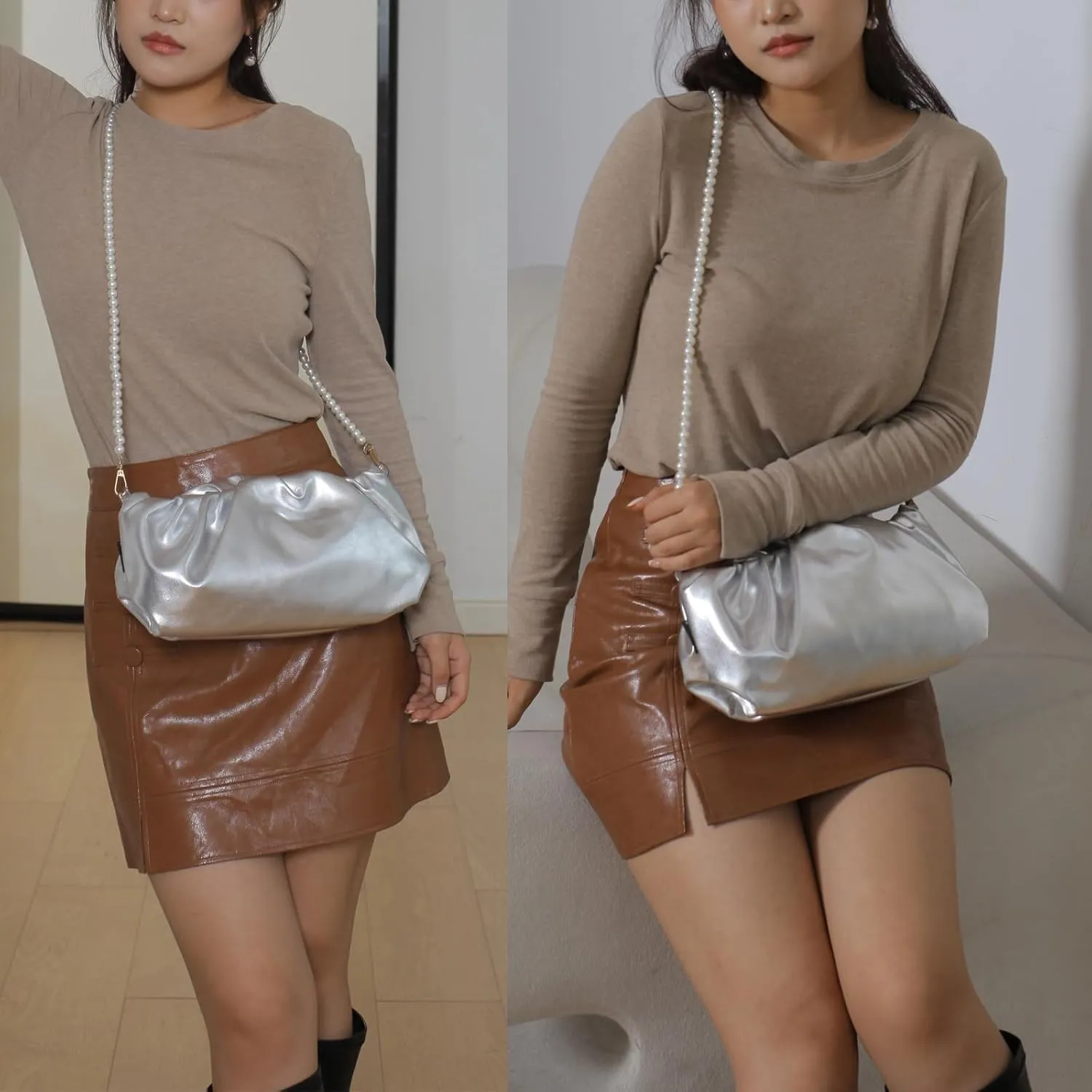 PU Dumpling Bags Chunky Clutch Purses Detachable Shoulder Strap Evening Handbags Womens Cloud-shape Metallic