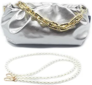 PU Dumpling Bags Chunky Clutch Purses Detachable Shoulder Strap Evening Handbags Womens Cloud-shape Metallic