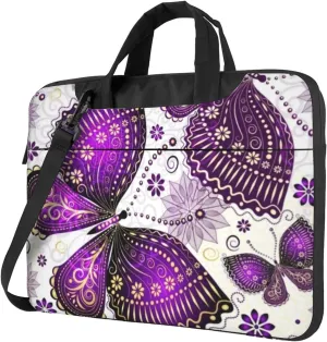 Purple Golden Butterfly Flowers Modern 13-15.6 Inch Laptop Bag For Man And Women, Computer Messenger Bag, Trendy Shoulder Strap Design
