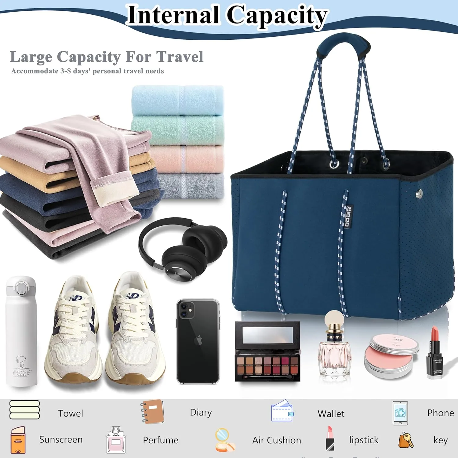 QOGiR Neoprene Multipurpose Beach Bag Tote with Inner Zipper Pocket    