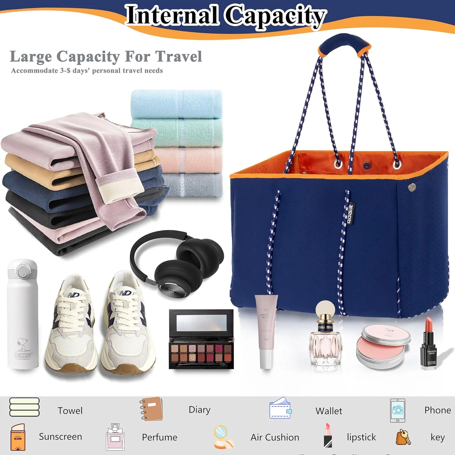 QOGiR Neoprene Multipurpose Beach Bag Tote with Inner Zipper Pocket    