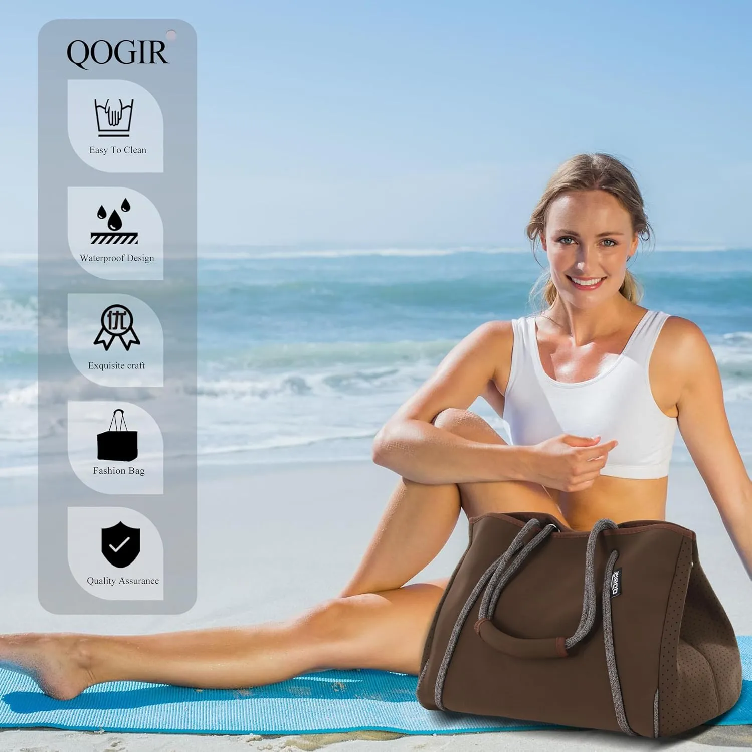 QOGiR Neoprene Multipurpose Beach Bag Tote with Inner Zipper Pocket    